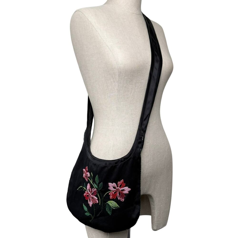 Garnet Hill Black Silk Embroidered Floral Crossbody Bag Fairy Whimsigoth Romance